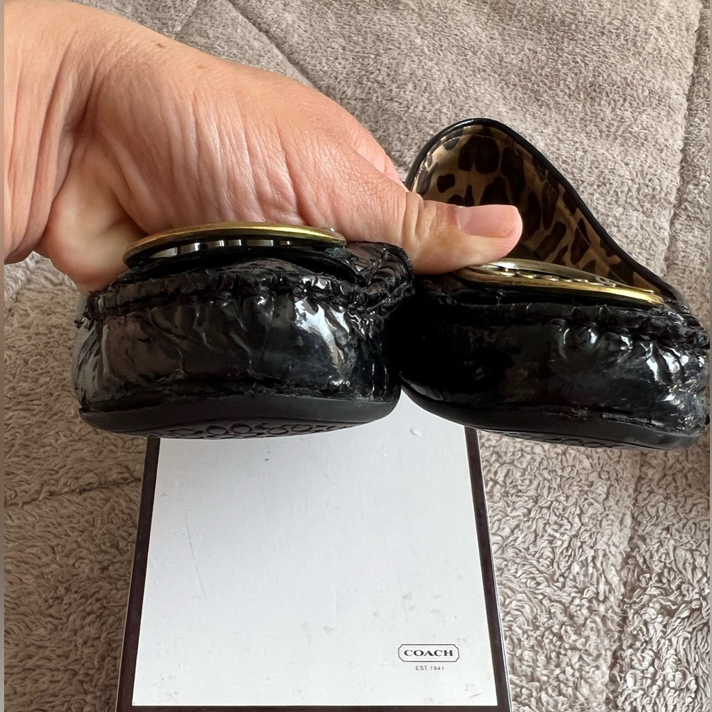 Coach Black Patent Leather Loafers with Gold Logo Medallions - Picture 6 of 11